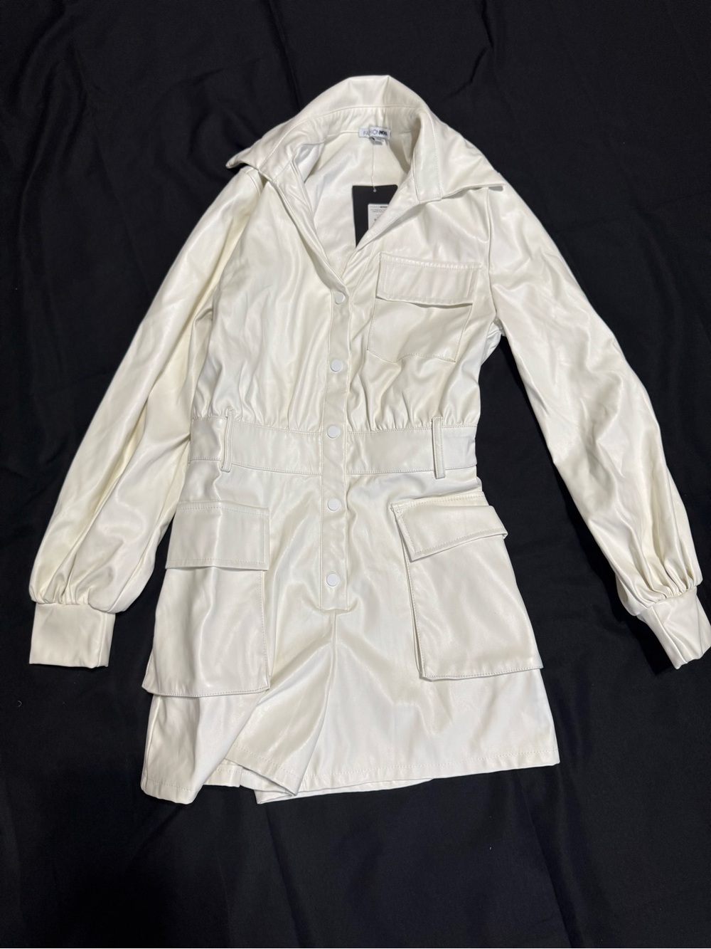 Fashion Nova White Faux-Leather Utility Jacket Dress